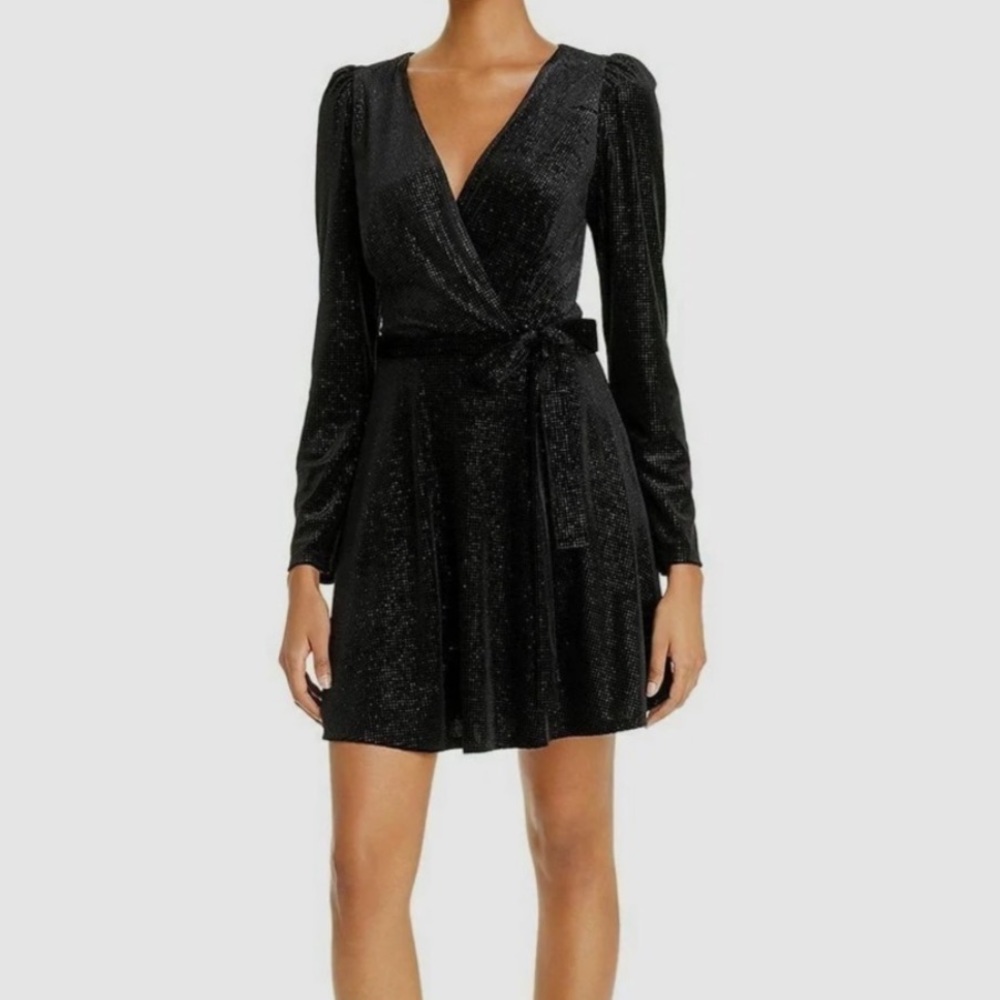 Aqua BLACK Velvet Glitter-Dot Long Sleeves Cocktail Mini Dress Size Small